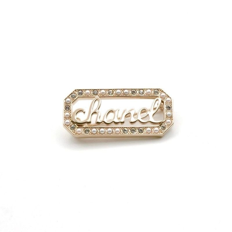 Chanel Brooch Corsage Gold Logo Rhinestone — view 2