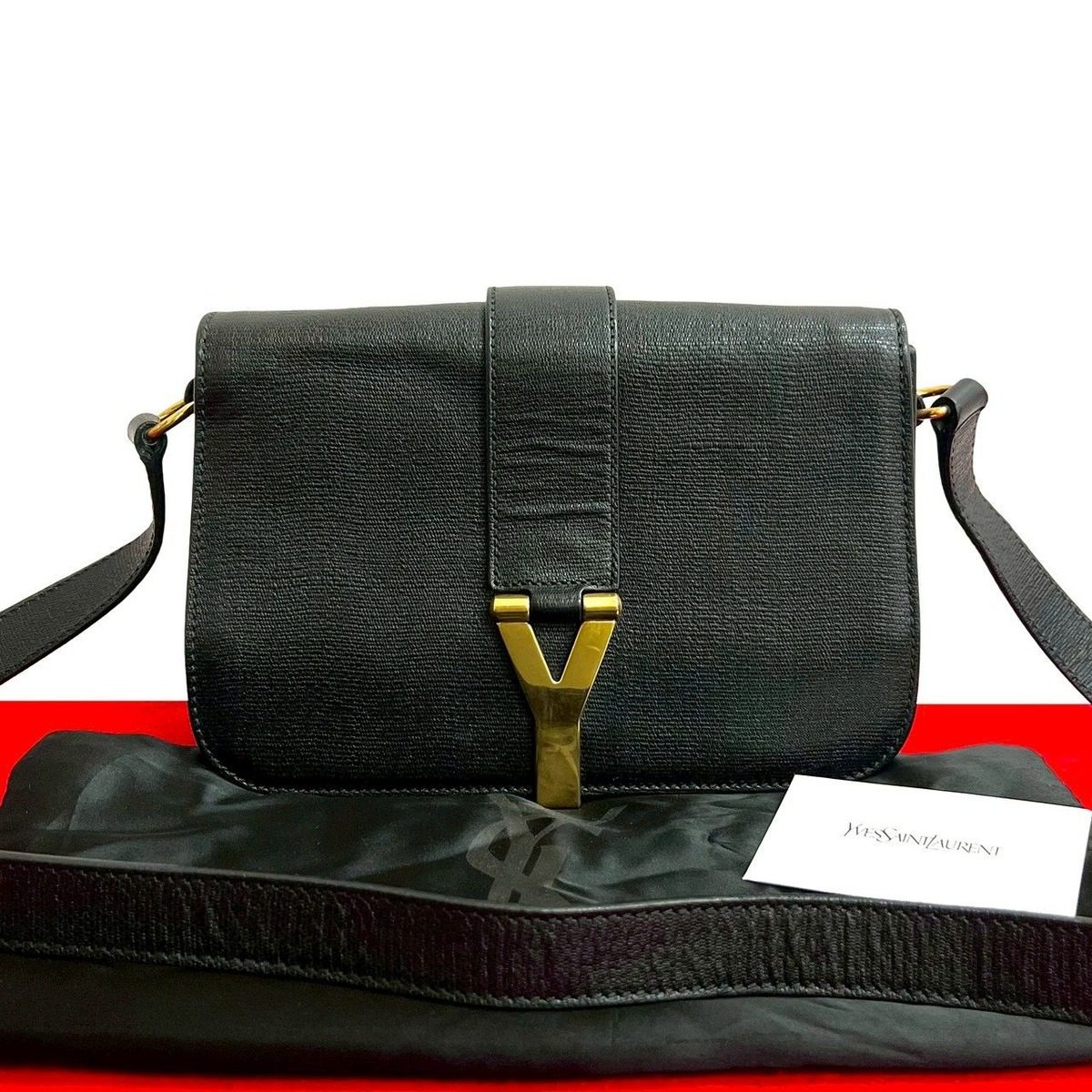 Saint Laurent Yves Logo Leather Shoulder Bag Pochette Black