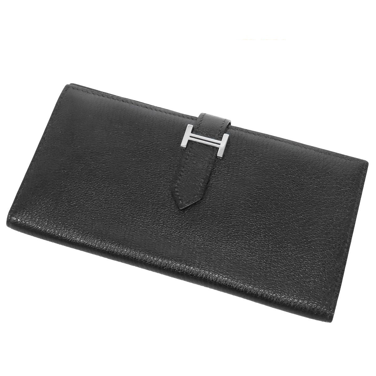 Hermes Bearn Soufflet Black Silver Chevre Wallet