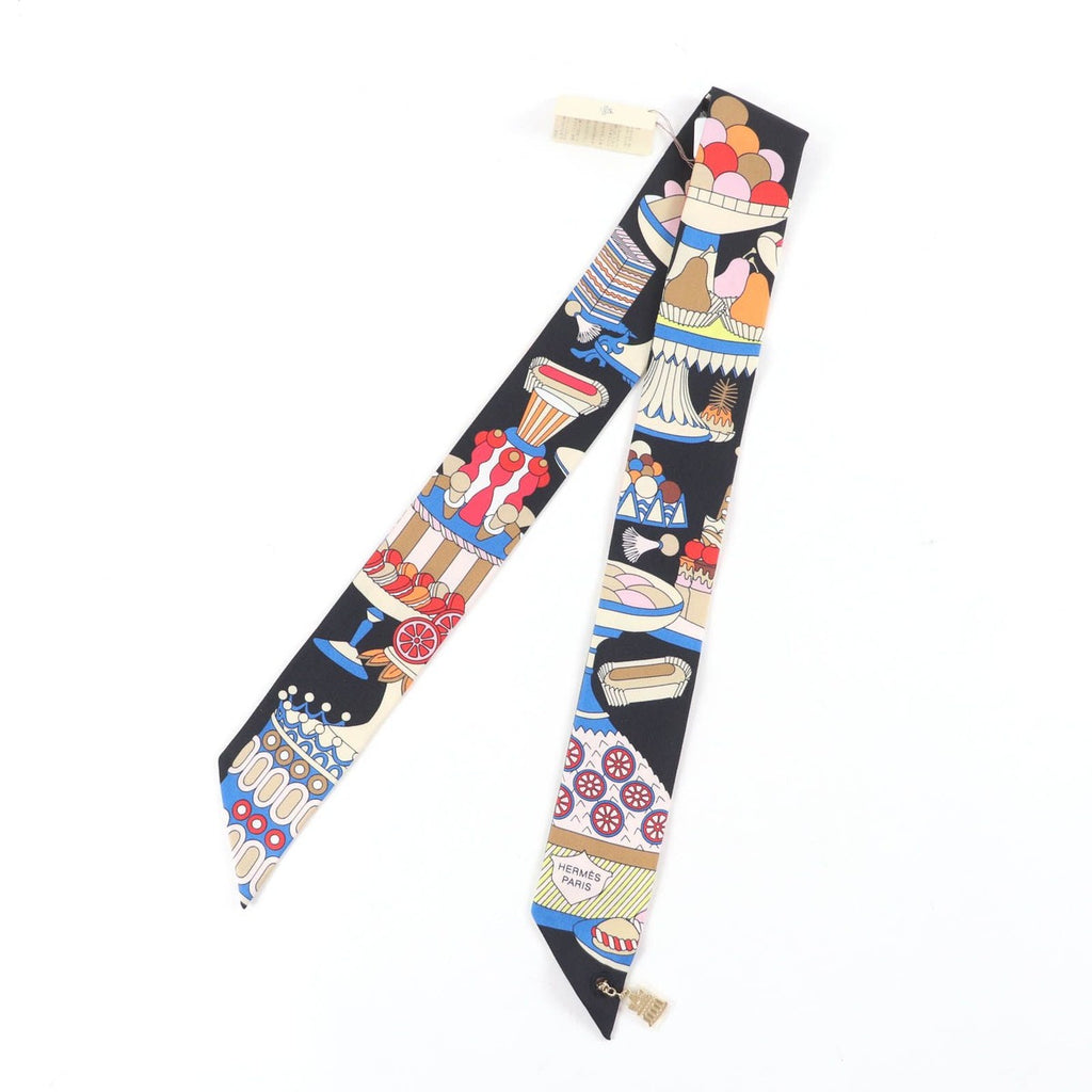 Hermes la Patisserie Francaise Silk Noir Blanc Bleu Twill Charm Scarf