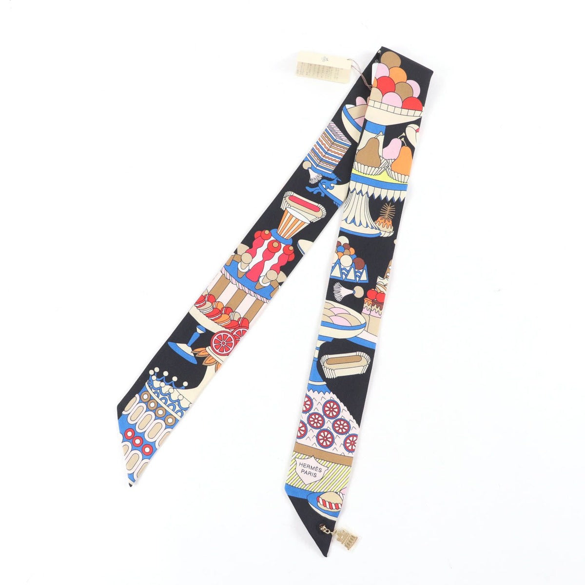 Hermes la Patisserie Francaise Silk Noir Blanc Bleu Twill Charm Scarf