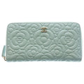 Chanel Camellia Zip Around Wallet Card Case Light Blue Caviar Leather Gold