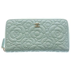 Chanel Camellia Zip Around Wallet Card Case Light Blue Caviar Leather Gold