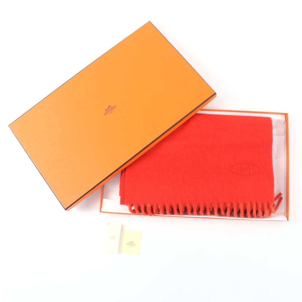 Hermes Cashmere Rouge Pavot Capucine Reversible H Logo Perforated with Fringe — view 2