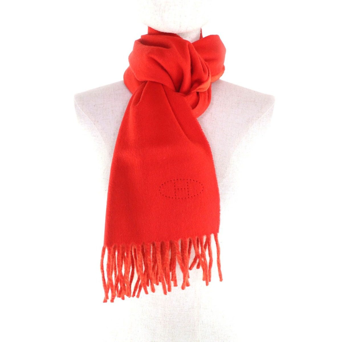 Hermes Cashmere Rouge Pavot Capucine Reversible H Logo Perforated with Fringe — view 4