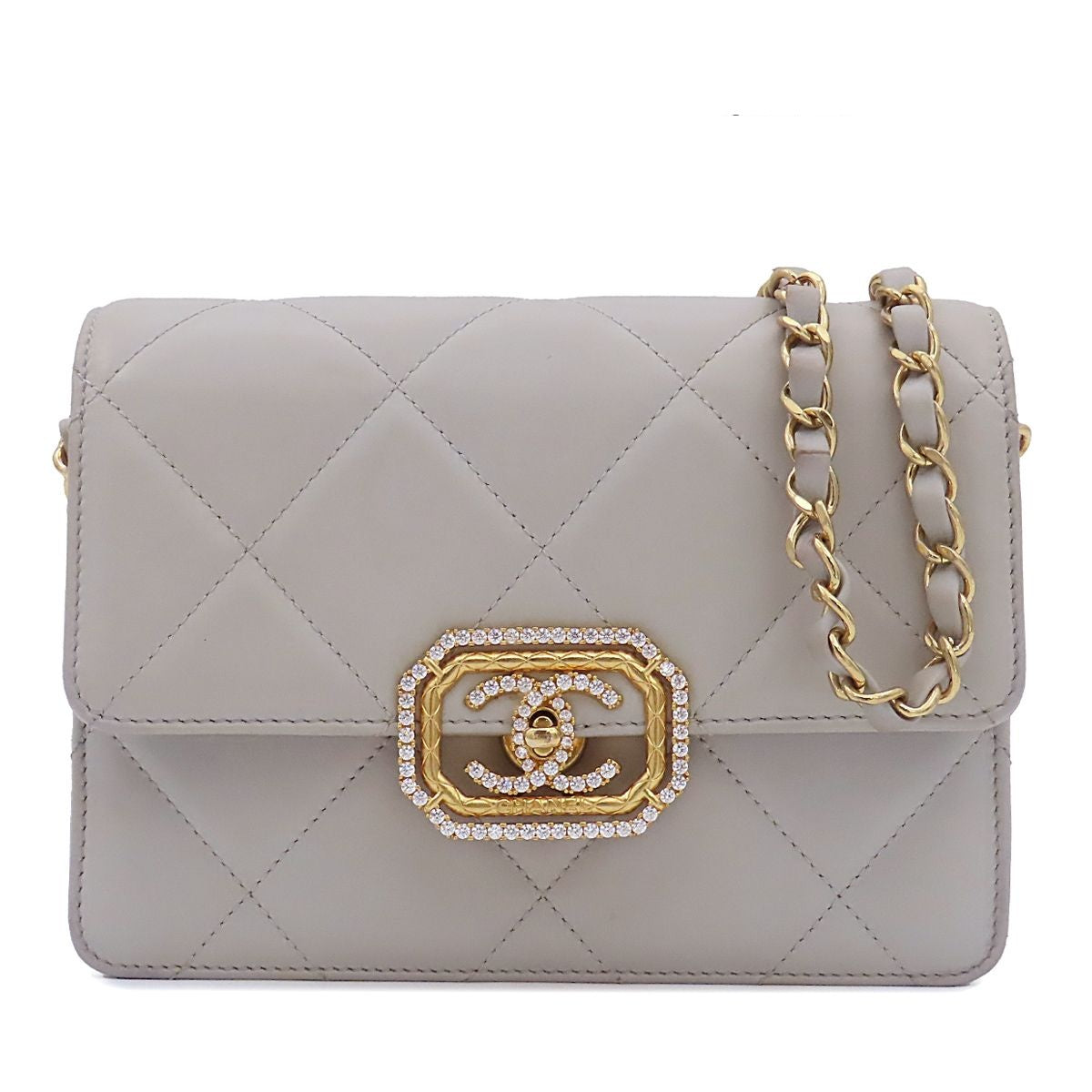 Chanel Chain Shoulder Bag Light Gray Gold Lambskin Quilted CC Mark