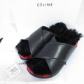 Celine Cross Belt Flat Fur Sandals Size 35 Black Red