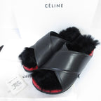 Celine Cross Belt Flat Fur Sandals Size 35 Black Red