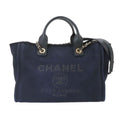 Chanel Deauville Small Shopping Tote Chain Shoulder Bag Canvas Leather Navy