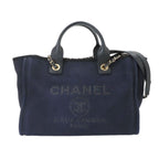 Chanel Deauville Small Shopping Tote Chain Shoulder Bag Canvas Leather Navy