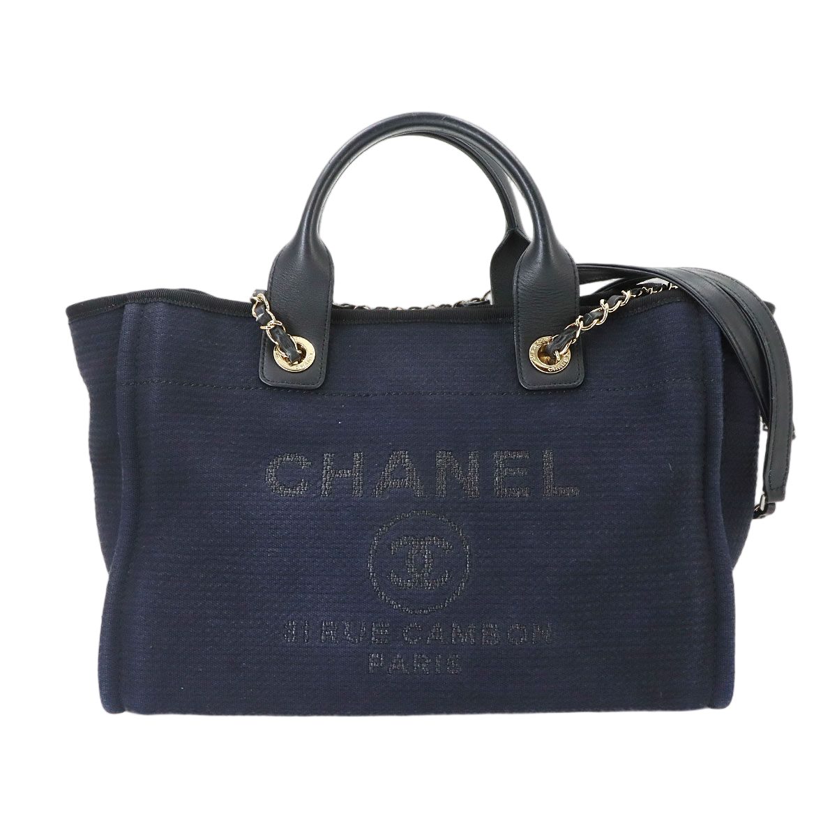 Chanel Deauville Small Shopping Tote Chain Shoulder Bag Canvas Leather Navy