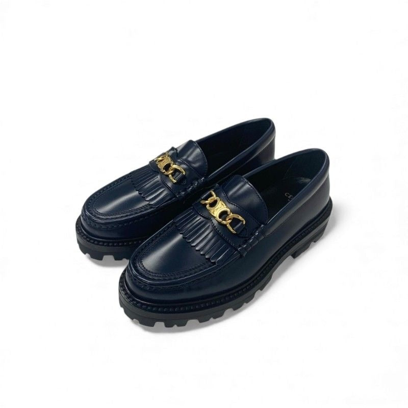 Celine Margaret Loafer Leather Shoes Navy Gold Triomphe Flat