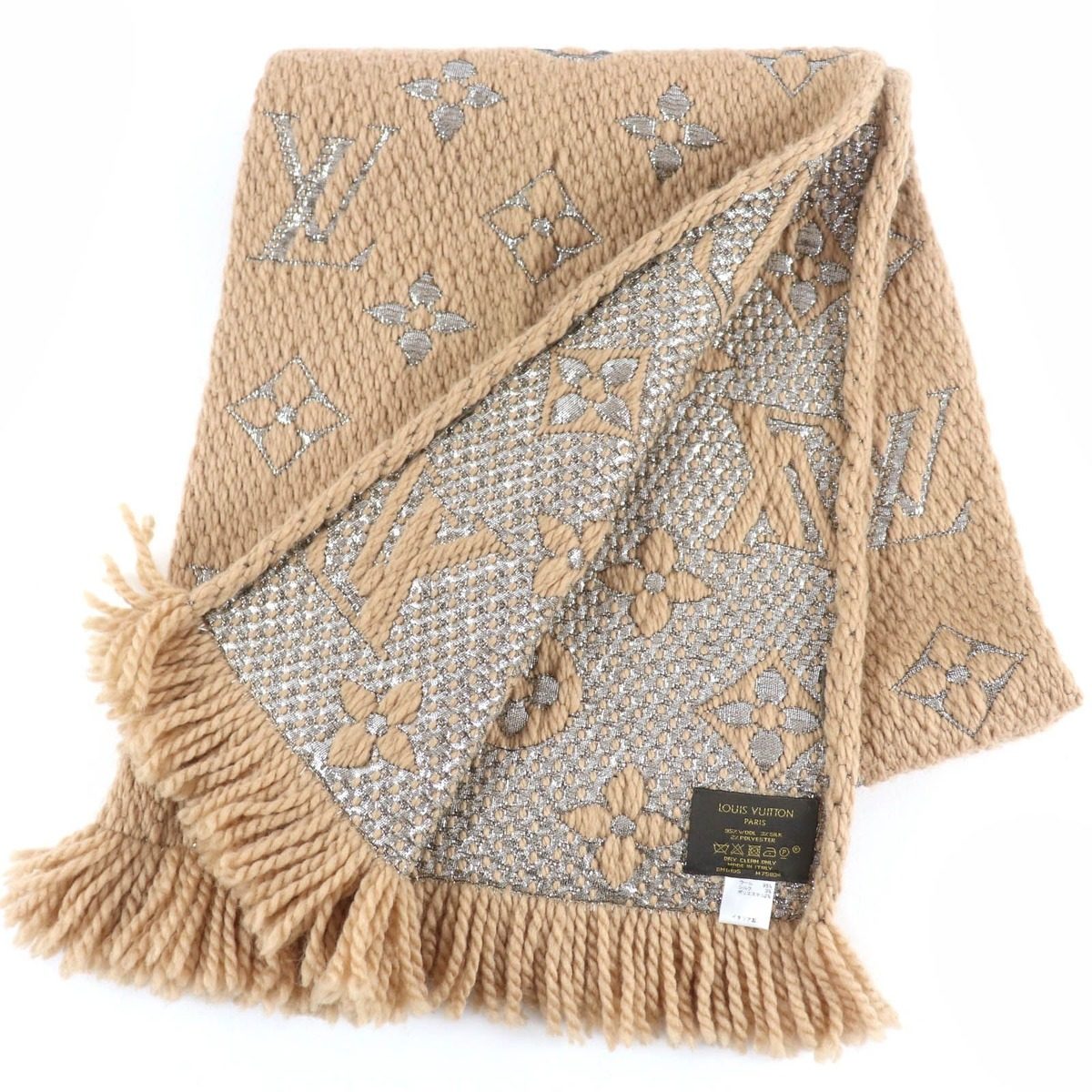 Louis Vuitton Echarpe Logo Mania Shine Wool Silk Scarf with Fringe Beige — view 2