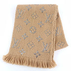 Louis Vuitton Echarpe Logo Mania Shine Wool Silk Scarf with Fringe Beige