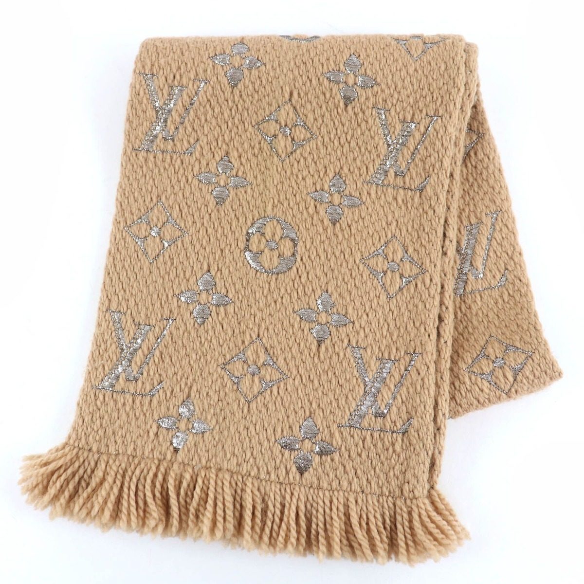 Louis Vuitton Echarpe Logo Mania Shine Wool Silk Scarf with Fringe Beige