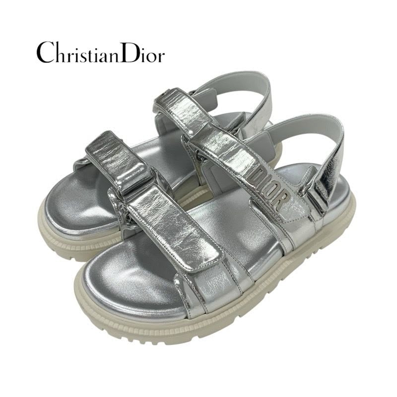 Christian Dioract Sandals Shoes Leather Metallic Silver Logo Lambskin