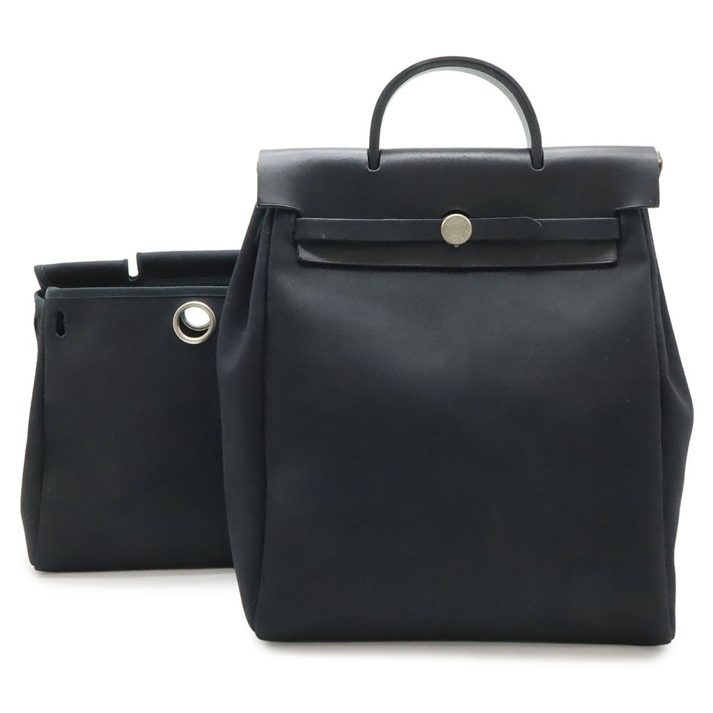 Hermes Herbag a Dos PM Backpack 2-Way Handbag Toile Officier Leather Black