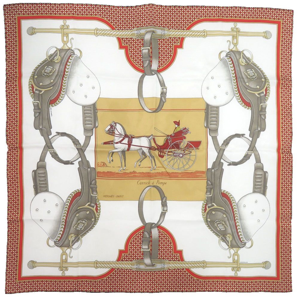 Hermes Carre 70 Flying Carrick a Pompe White Brown Red Scarf