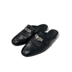 Hermes Oz Flat Shoes Leather Black Silver Kelly Hardware Mules