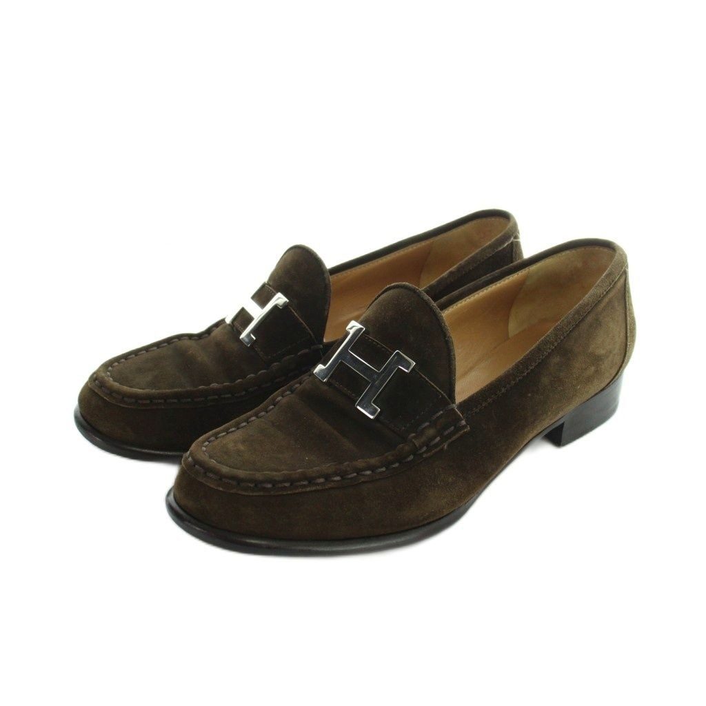 Hermes Constance Loafers Moccasins Logo Suede Leather 37 Brown