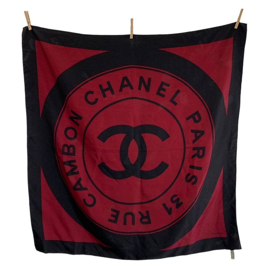 Chanel Vintage 31 Rue Cambon CC Logo Wine Red Black Silk Scarf