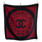 Chanel Vintage 31 Rue Cambon CC Logo Wine Red Black Silk Scarf