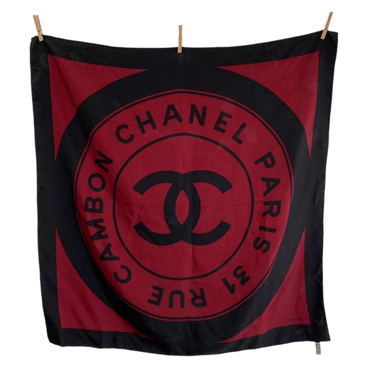Chanel Vintage 31 Rue Cambon CC Logo Wine Red Black Silk Scarf