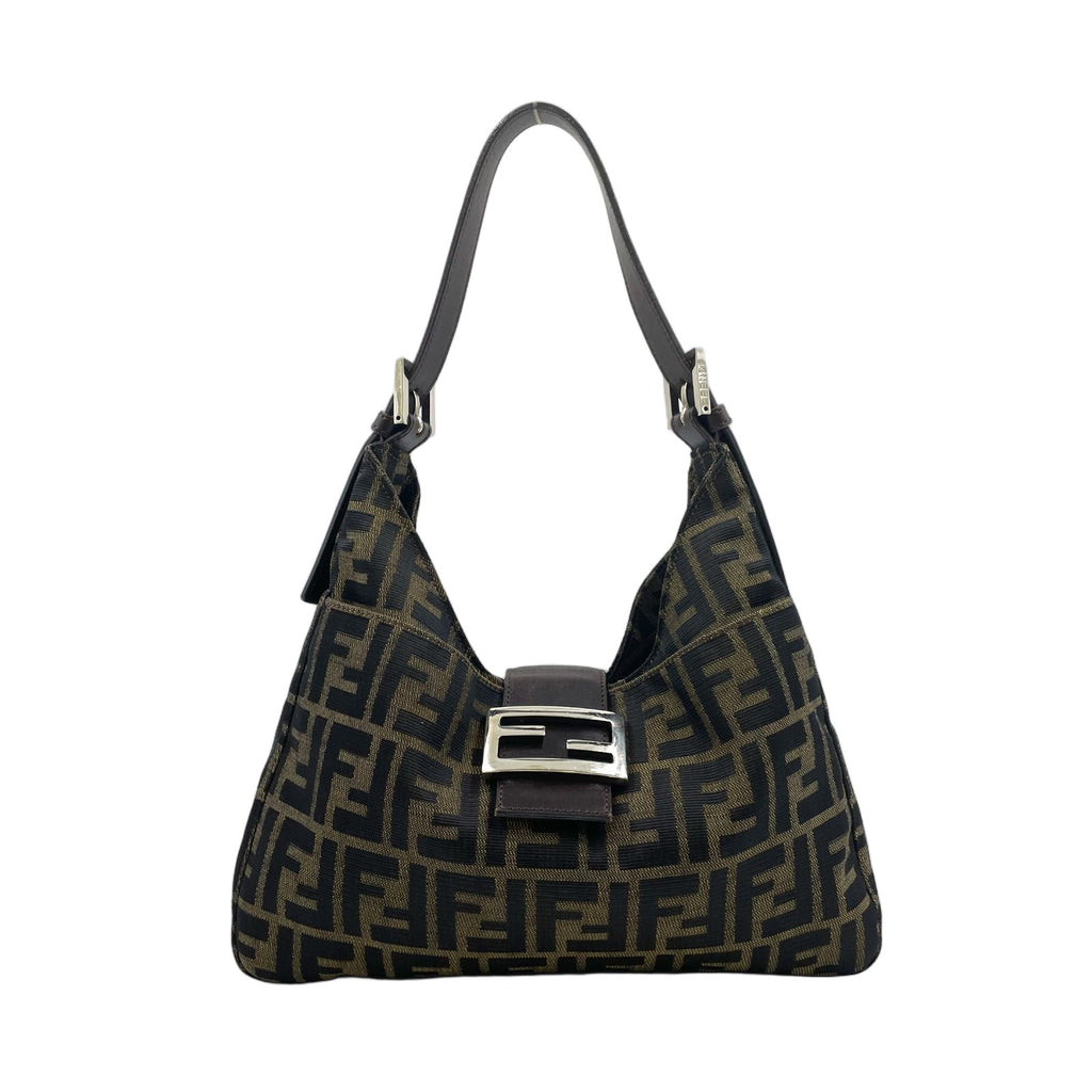 Fendi Zucca Pattern Mamma Bucket Leather Canvas Khaki Brown Handbag Silver
