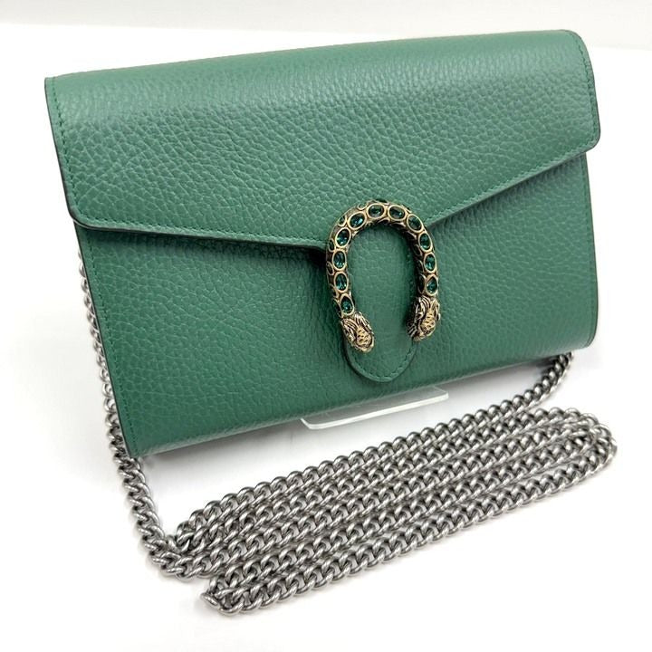 Gucci Dionysus Chain Wallet Leather Green Silver