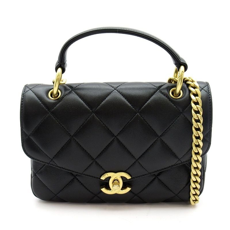 Chanel Quilted Top Handle Flap Bag Lambskin Handbag Black