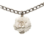 Chanel Camellia CC Logo Chain Pendant Necklace White Silver Metal Enamel