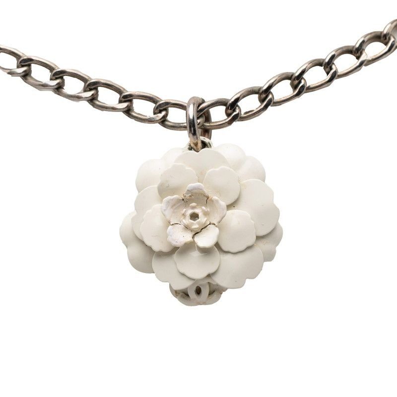 Chanel Camellia CC Logo Chain Pendant Necklace White Silver Metal Enamel