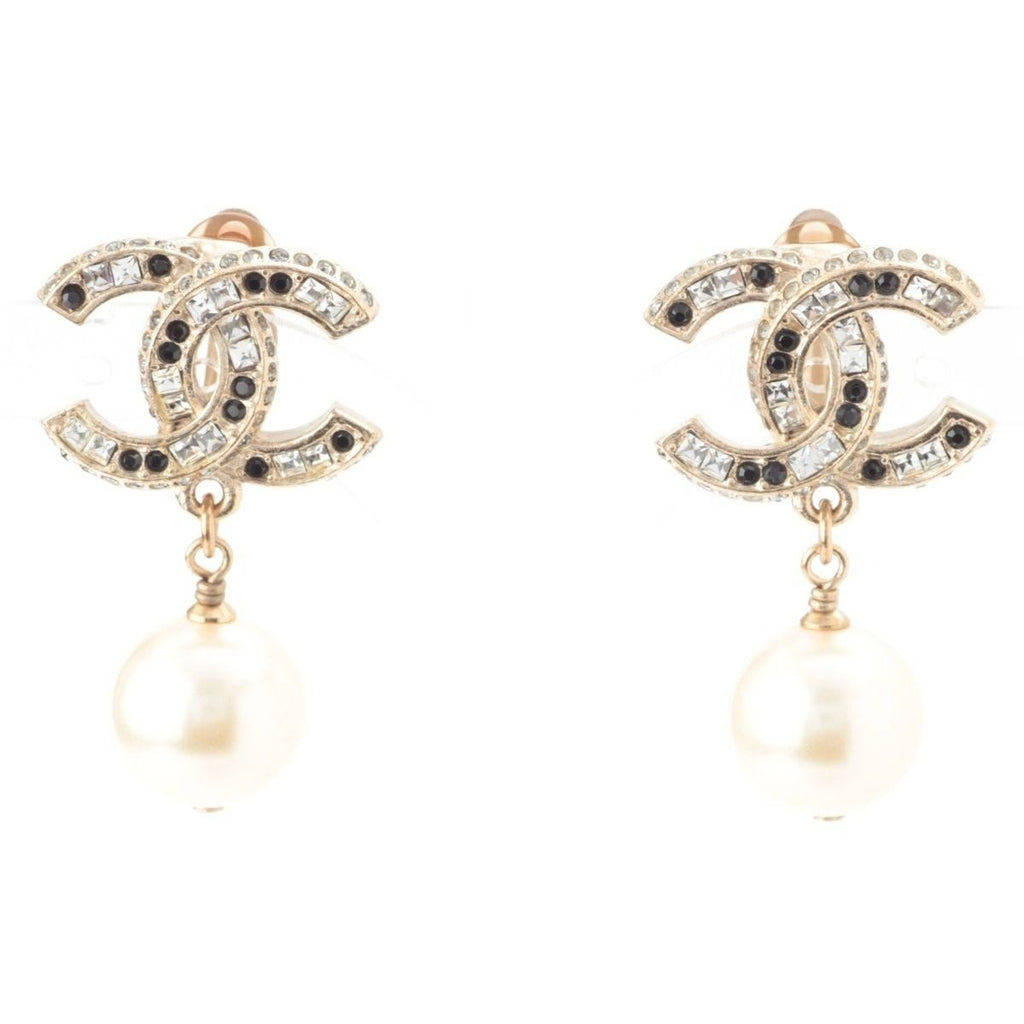 Chanel CC Logo Pearl Rhinestone Earrings Gold Black