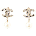 Chanel CC Logo Pearl Rhinestone Earrings Gold Black