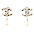 Chanel CC Logo Pearl Rhinestone Earrings Gold Black