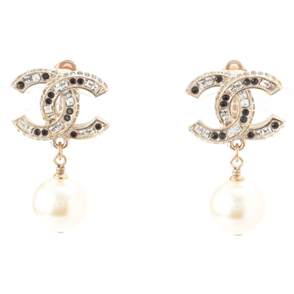 Chanel CC Logo Pearl Rhinestone Earrings Gold Black