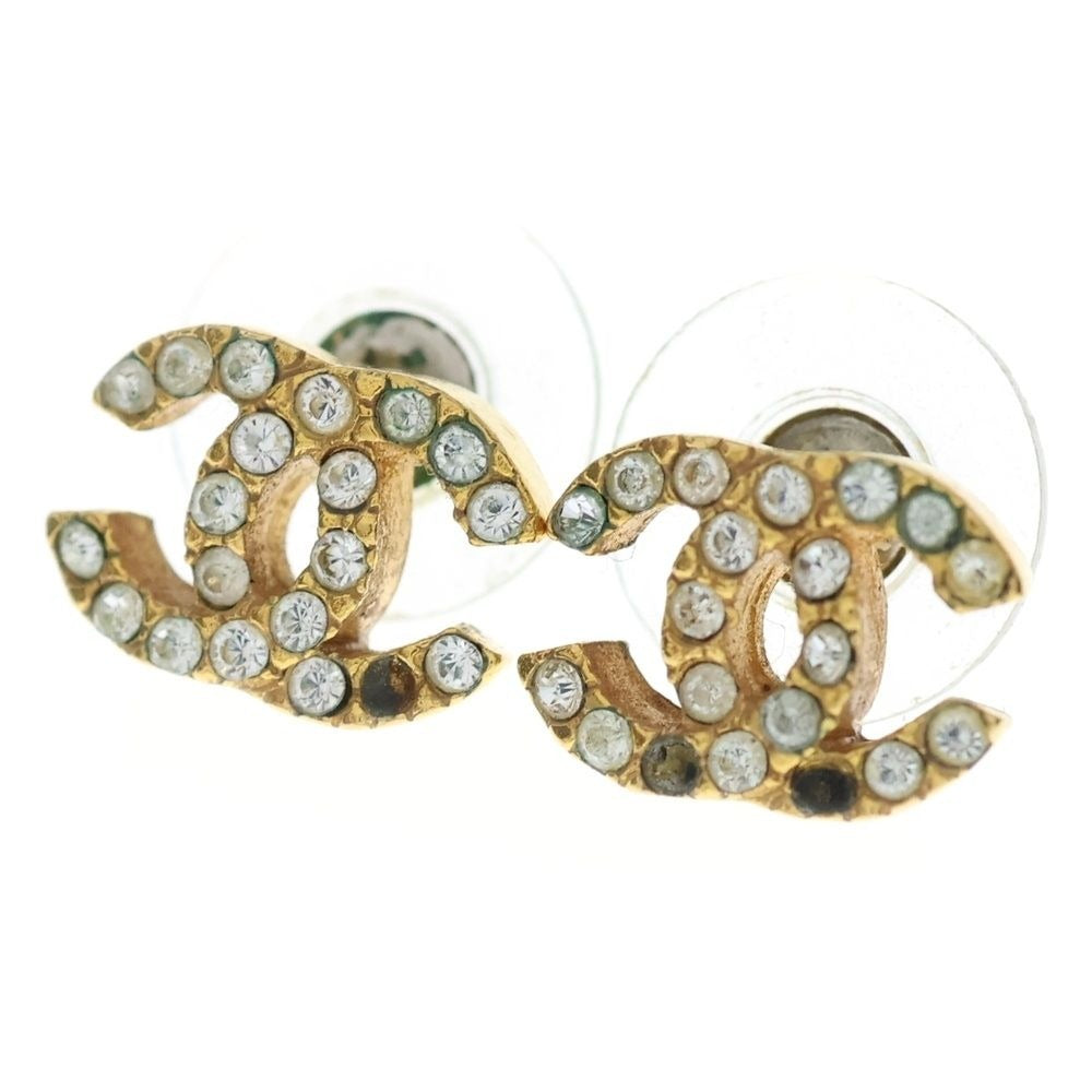 Chanel CC Logo Earrings Rhinestone Gold