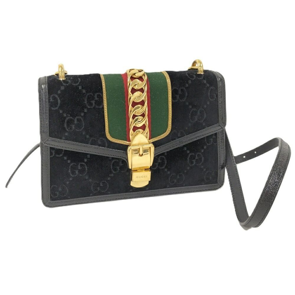 Gucci Shoulder Bag Sherry Line Suede Black