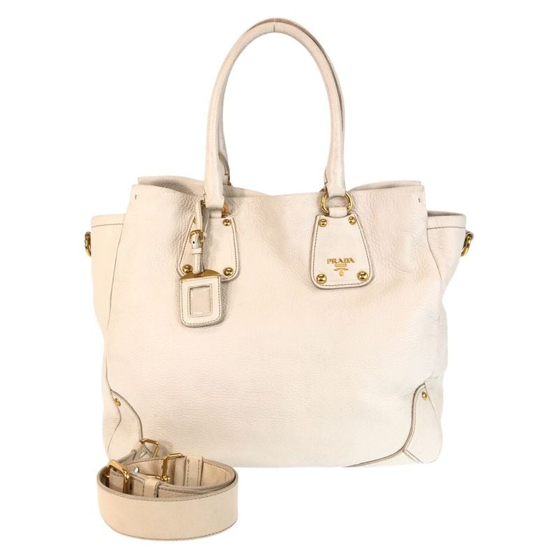 Prada Vitello Daino White Ivory Gold Hardware Leather Tote Bag 2-Way