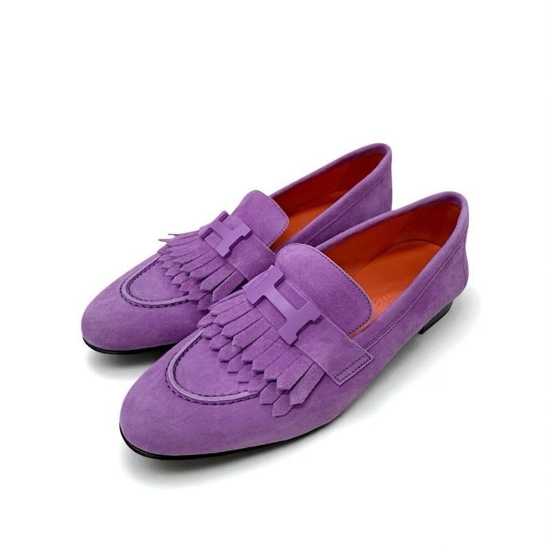 Hermes Royale Loafer Leather Shoes Suede Purple Moccasin Flat Hhardware