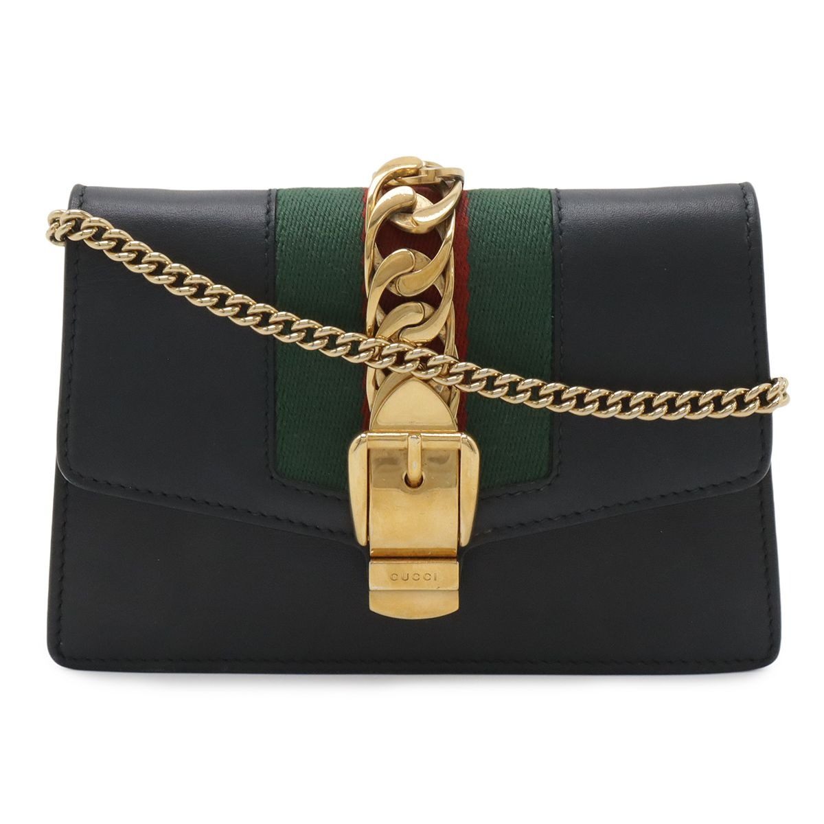 Gucci Sylvie Web Line Mini Chain Shoulder Bag Pochette 2-Way Clutch Leather