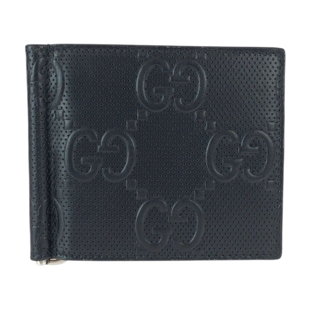 Gucci GG Embossed Black Silver Leather Money Clip Card Case