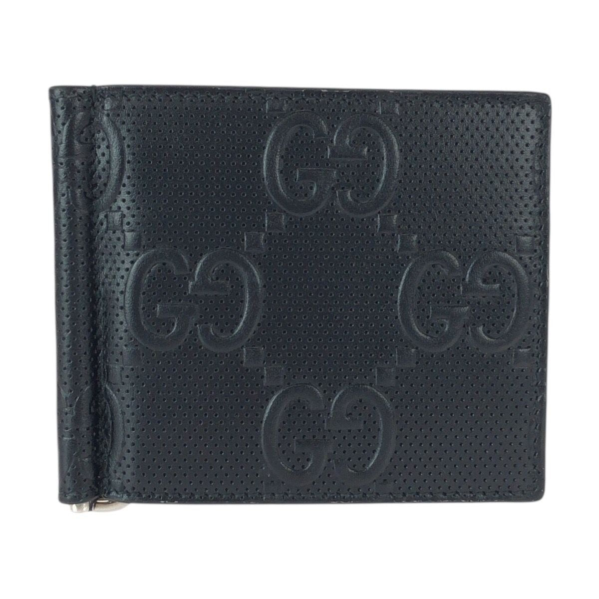 Gucci GG Embossed Black Silver Leather Money Clip Card Case