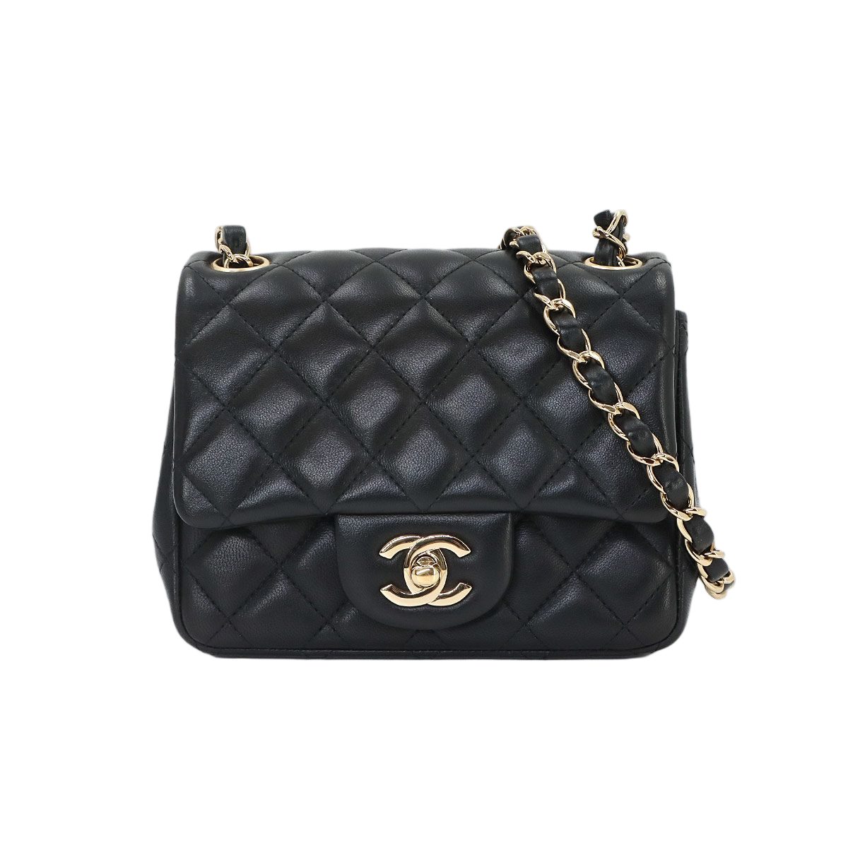 Chanel Mini Quilted Chain Shoulder Bag Lambskin Black Gold