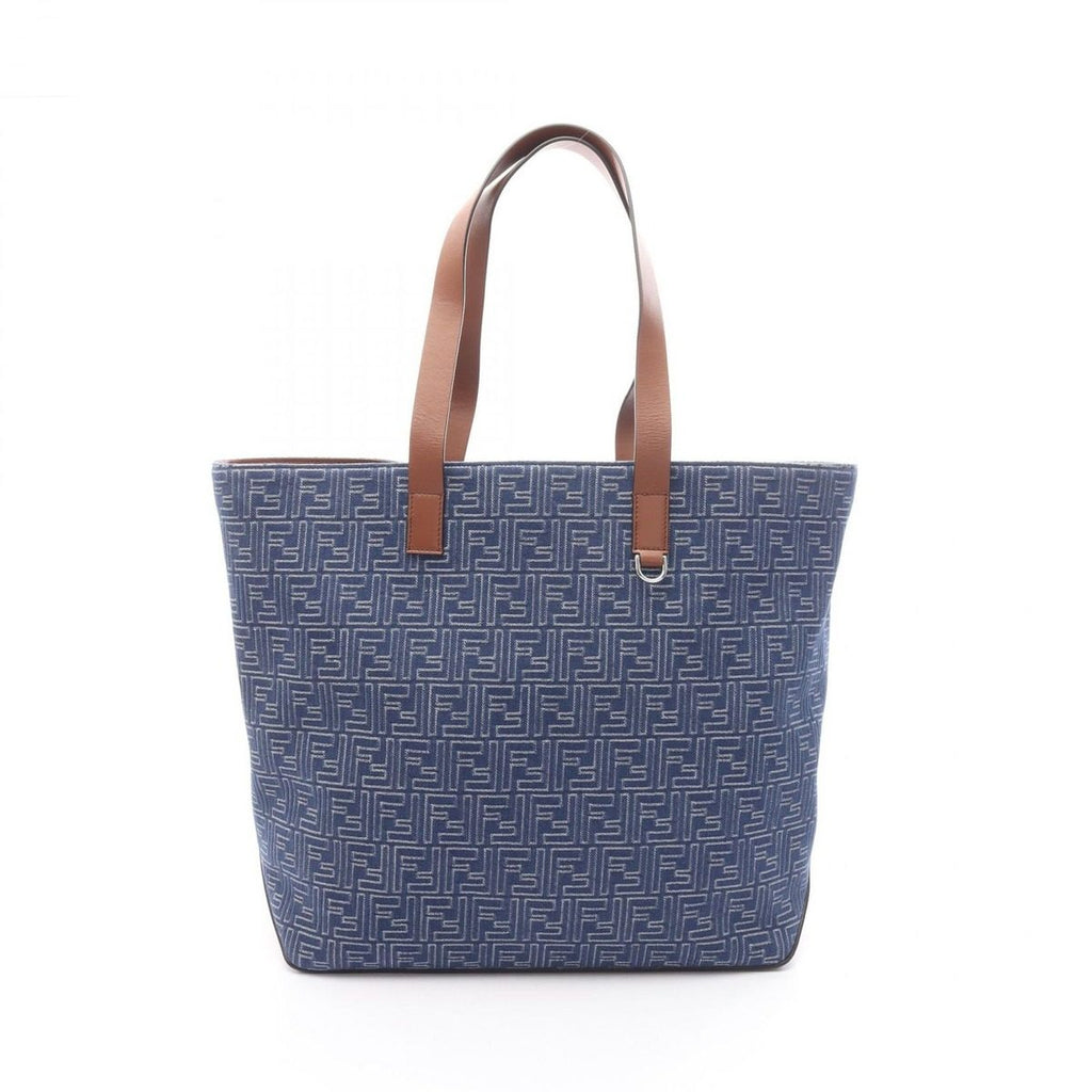 Fendi Tote FF Shopping Denim Blue Brown Canvas