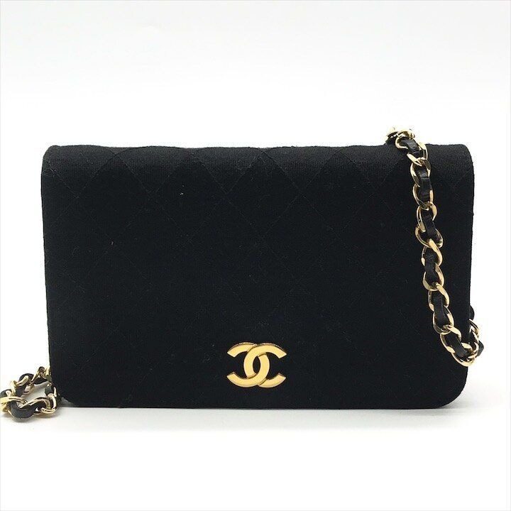 Chanel CC Logo Quilted Cotton Chain Shoulder Bag Push Lock Black