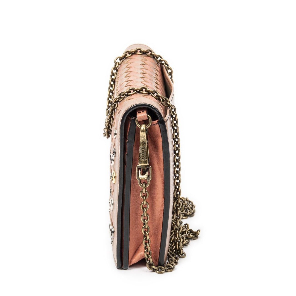 Bottega Veneta Chain Wallet Orange Light Brown Intrecciato Leather — view 3