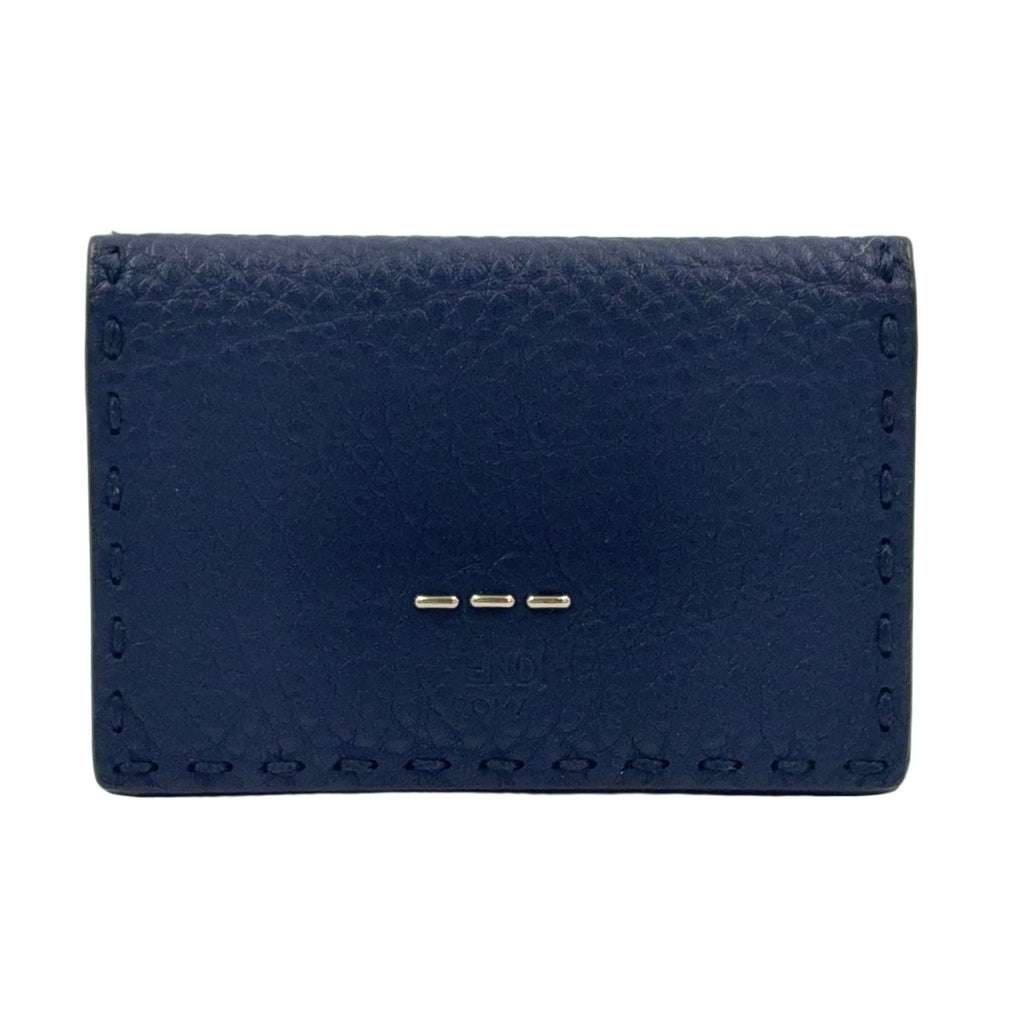 Fendi Selleria Bifold Leather Green Navy Card Case Silver