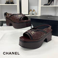 Chanel CC Logo Leather Quilted Ring Back Sandals Brown