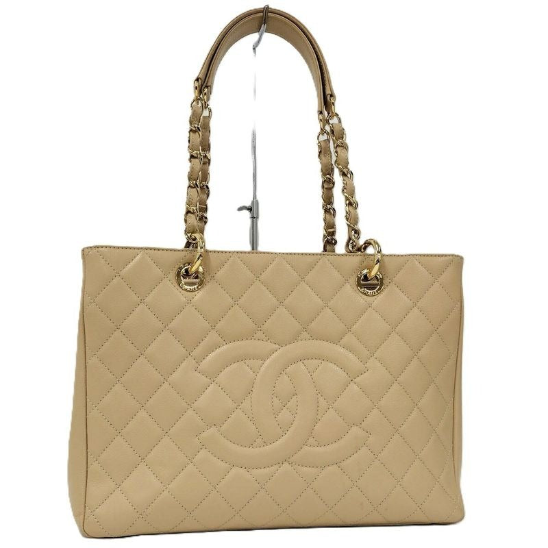 Chanel Gst Chain Tote Bag Quilted Caviar Leather Beige